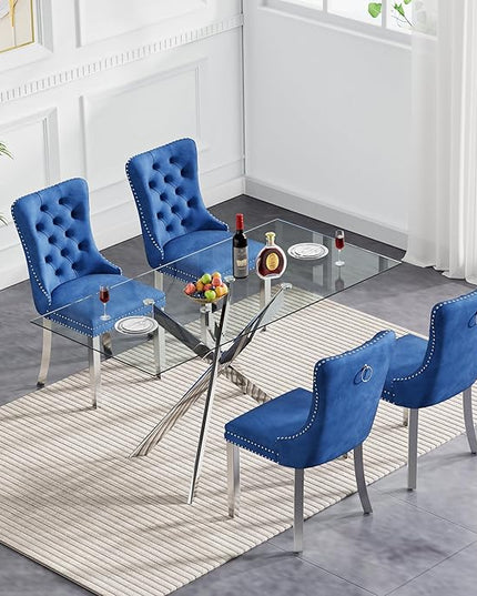 51" Glass Dining Table Set for 4, Modern Dining Room Table Set for 4, Silver X-Shape Pedestal Glass Table with 4pcs Blue Dining Chairs, 5 Piece Dining Set for Dining Living Room