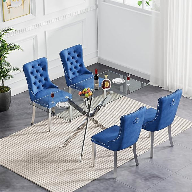 5 Piece Dining Table Set for 4, 51in Glass Dining Table Set with 4 Upholstered Dining Chairs, Blue Tufted Chair & Dining Room Table Set w/Silver Metal Legs, Glass Kitchen Table and Chair Set for 4