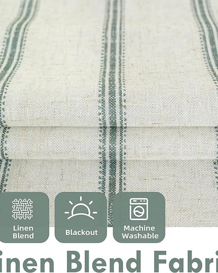 DriftAway Farmhouse Linen Blend Blackout Curtains 108 Inches Long for Bedroom Vertical Striped Printed Linen Curtains Thermal Insulated Lined Treatments for Living Room W52 x L108 Linen Loden Green