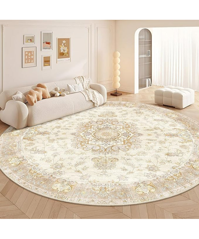 Large Boho Round Rug 9ft, Beige Circle Area Rugs for Bedroom Living Room,Washable Vintage Bohemian Distressed Oriental Floral Carpet Non Slip,Retro Gold Floral