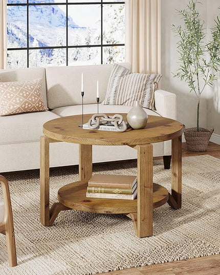 30" Solid Wood Coffee Table, Round Small Coffee Table with 2-Tier Storage for Living Room, Farmhouse Circle Center Accent, Brown Round Solid Wood with Natural Texture Design
