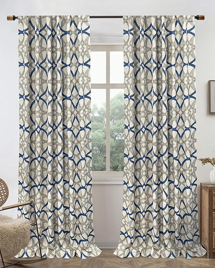 DriftAway Alexander Blackout Curtains for Living Room Linen Blend Pattern Match Thermal Insulated Room Darkening Geo Moroccan Mid Century Back Tab Bedroom Drapes 2 Panels 52 x 96 Inch Linen Navy