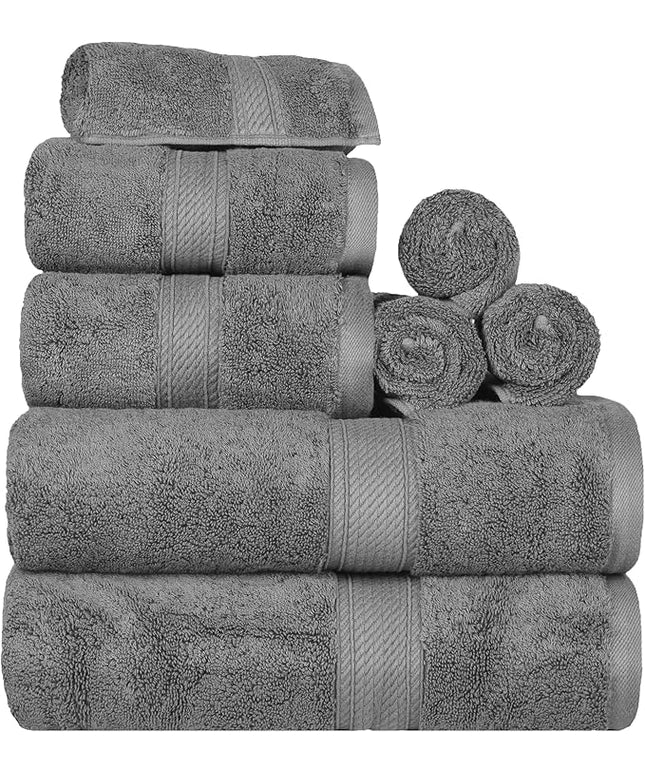 Superior Egyptian Cotton Pile 8 Piece Towel Set, Includes 2 Bath, 2 Hand, 4 Face Towels/Washcloths, Ultra Soft Luxury Towels, Thick Plush Essentials, Guest Bath, Spa, Hotel Bathroom, Charcoal