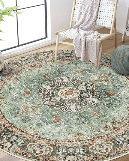 Green Round Rug 6ft,Large Circle Area Rugs for Bedroom Living Room Dining Room,Washable Boho Vintage Bohemian Distressed Oriental Floral Carpet Non Slip,Sage