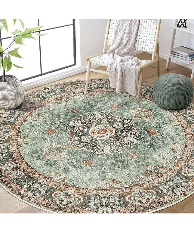 Green Round Rug 6ft,Large Circle Area Rugs for Bedroom Living Room Dining Room,Washable Boho Vintage Bohemian Distressed Oriental Floral Carpet Non Slip,Sage
