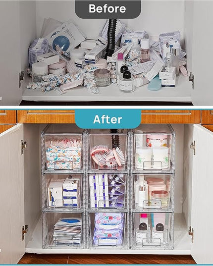 Vtopmart 6 Pack Large Stackable Storage Drawers,Easily Assemble Acrylic Bathroom Closet Undersink Organizers and Storage,Plastic Bins for Kitchen Cabinets,Pantry,Makeup,Medicine Organization