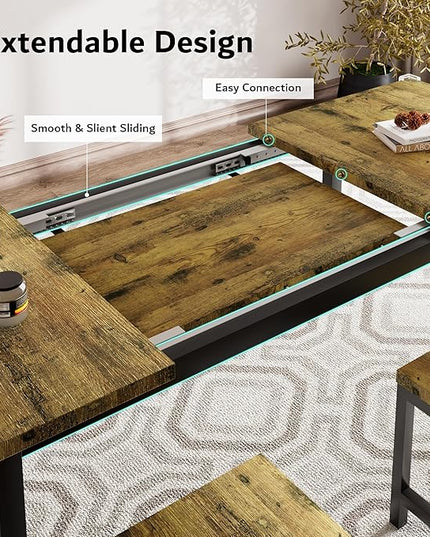 iPormis 7-Piece Dining Table Set with 6 Stools, 63" Extendable Kitchen Table Set for 4-8, Modern Dining Room Table with Sturdy Metal Frame, Space-Saving Dinette, Rustic Brown