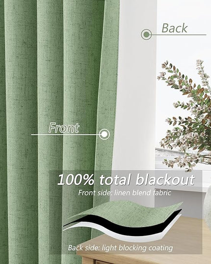 Guken 100% Blackout Linen Curtains 120 Inch Length 2 Panels Set for Living Room Bedroom Back Tab Thermal Insulated Black Out Linen Drapes Room Darkening Window Curtains,Light Sage