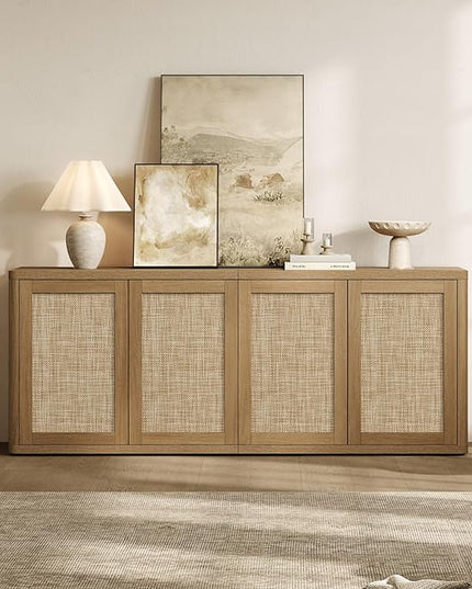 SICOTAS Rattan TV Stand for 65 70 inch TV - Large Entertainment Center TV Consoles for Living Room Bedroom, Farmhouse Television Stands with Storage Cabinet Boho Modular Media Console, Amber Oak