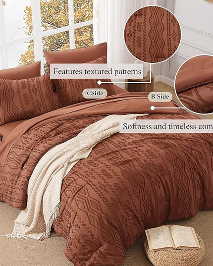 Full Size Comforter Set Autumn Leaf, Tufted Boho Bedding Farmhouse Bed Set, All Season 7 Pieces Bed in a Bag with Sheets, Pillowcases & Shams