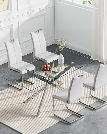 HomVent 5 Piece Rectangular Glass Dining Table Set, Rectangular Glass Kitchen Table Set for 4 with 4 PU Upholstered Dining Chairs for Kitchen Dining Room