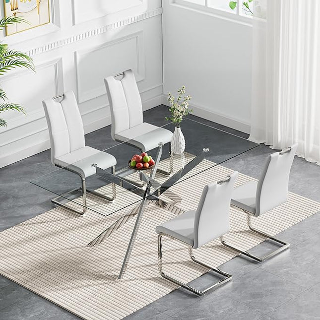 HomVent 5 Piece Rectangular Glass Dining Table Set, Rectangular Glass Kitchen Table Set for 4 with 4 PU Upholstered Dining Chairs for Kitchen Dining Room