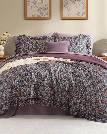Queen Comforter Set - 7 Pieces Ruffle Deep Forest Bedding Sets, Shabby Chic Farmhouse Bed in a Bag with Ruffle Comforter, Sheets, Pillowcases & Shams
