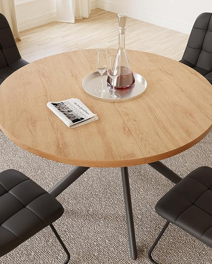 45.3 Inch Round Dining Table Set for 4, Mid Century Modern Small Kitchen Coffee Set for Dining Room Kitchen Apartment (Oak Table + 4 U-Shaped Black Chairs)