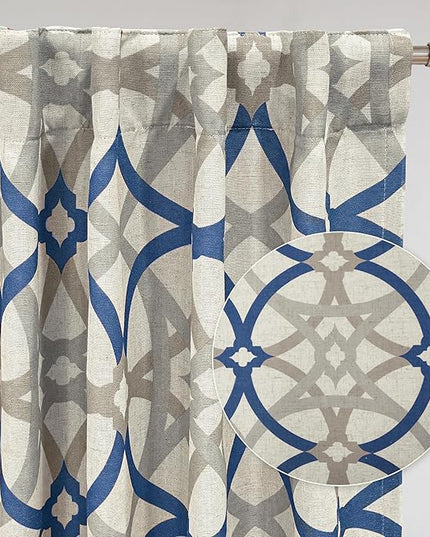 DriftAway Alexander Blackout Curtains for Living Room Linen Blend Pattern Match Thermal Insulated Room Darkening Geo Moroccan Mid Century Back Tab Bedroom Drapes 2 Panels 52 x 63 Inch Linen Navy