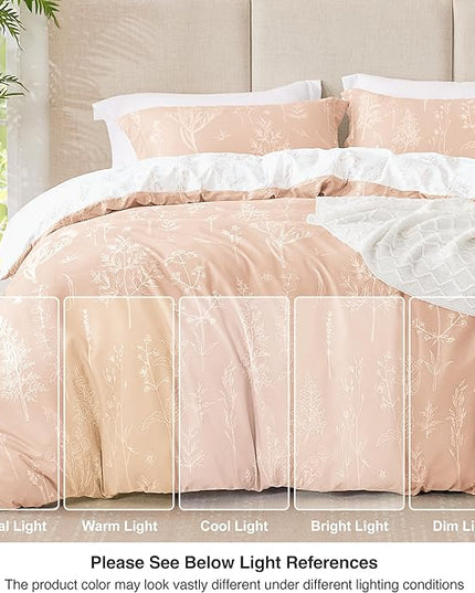Love's cabin Pink Queen Comforter Set - Queen Size Comforter Set, 3 Pieces Cute Floral Bedding Sets for All Seasons,1 Soft Reversible Botanical Flowers Comforter and 2 Pillow Shams