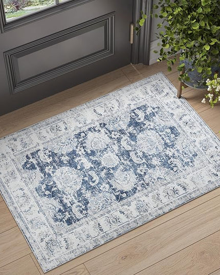 jinchan Fiora Floral 2x3 Rug for Entryway - Vintage Washable Area Rug Ultra-Thin Low Pile Soft Small Non Slip Distressed Indoor Door mat Accent for Entrance Kitchen Bathroom Bedroom (2x3ft, Dark Blue)