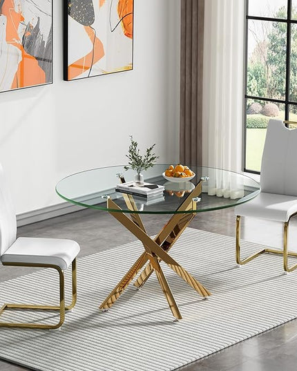HomVent Round Glass Dining Table Set for 2, 3-Piece Modern Kitchen Table Set with 2 PU Upholstered Chair for Kitchen Dining Room, Glass Dining Room Table Set