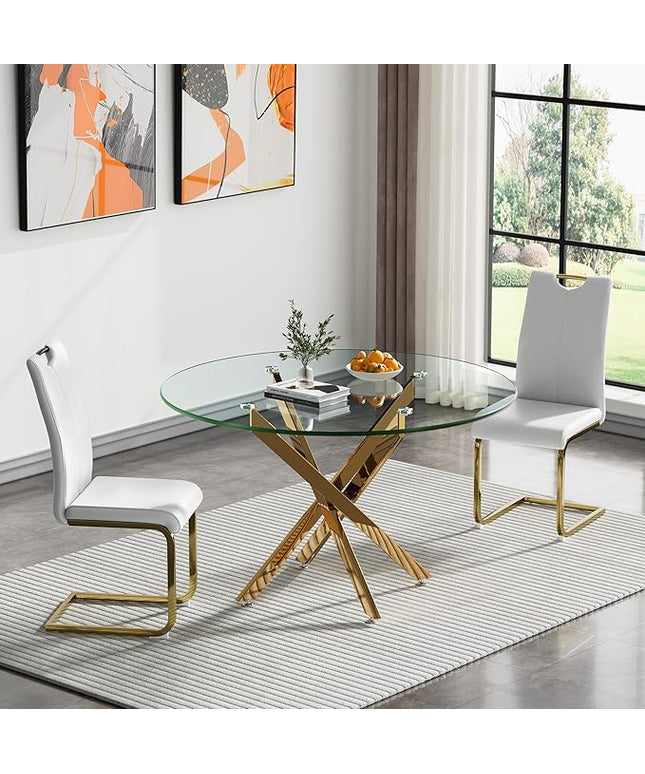 HomVent Round Glass Dining Table Set for 2, 3-Piece Modern Kitchen Table Set with 2 PU Upholstered Chair for Kitchen Dining Room, Glass Dining Room Table Set