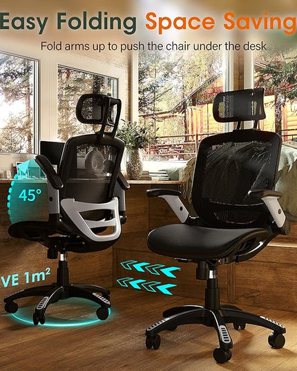 GABRYLLY Ergonomic Office Chair, High Back Home Desk Chair with Headrest, Flip-Up Arms, 90-120° Tilt Lock and Wide Cushion, Big and Tall Mesh Chairs for Man Woman, Black Task Chair
