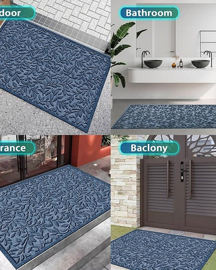 Bulijojo Sturdy Front Entrance Doormats,Durable Heavy Duty Welcome Mat,Thick Absorbent Natural Rubber Non Slip Mat,Easy Clean Entryway Mat Leaves Blue, 47" x 32"