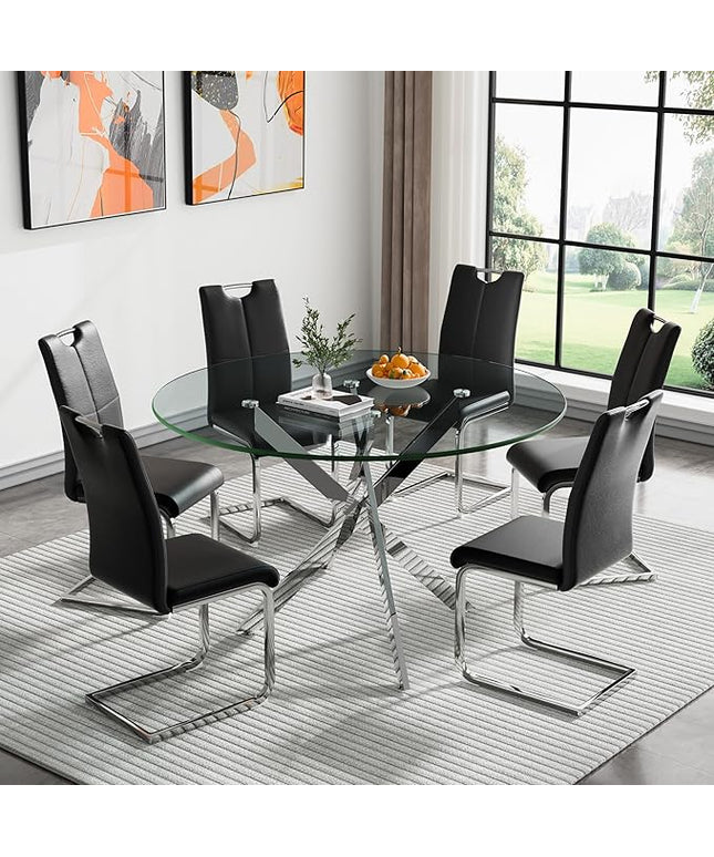 HomVent 7 Piece Round Glass Dining Table Set, Round Glass Kitchen Table Set for 6 with 6 PU Upholstered Dining Chairs for Kitchen Dining Room