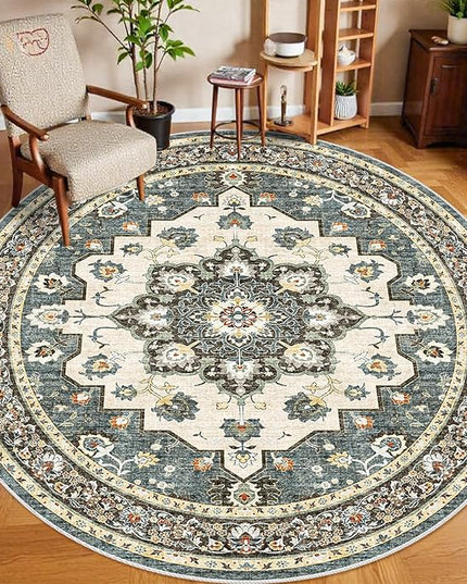 Washable Oriental Area Rug - 8ft Round Rugs for Living Room Soft Carpet for Bedroom Waterproof Floral Distressed Indoor Stain Resistant Non-Shedding Floor Carpets (Blue, 8ft-Round)