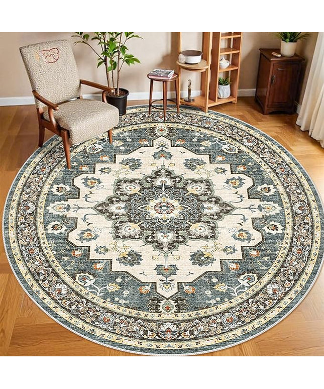 Washable Oriental Area Rug - 9ft Round Rugs for Living Room Soft Carpet for Bedroom Waterproof Floral Distressed Indoor Stain Resistant Non-Shedding Floor Carpets (Blue, 9ft-Round)