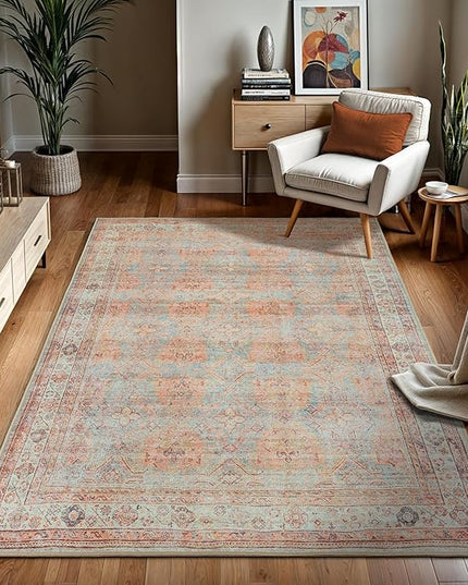 GLN Rugs Traditional Collection - Machine Washable Area Rug, Traditional Washable, Non Slip, Low Pile Chenille Rug, Living Room, Bedroom, Kitchen Rug (6'x9' Multicolor)