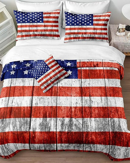 Merryword 6 Pcs Bed in a Bag USA Flag Comforter Set Twin Size American Flag Bedding Set Wooden Planks Bedding Comforter Set