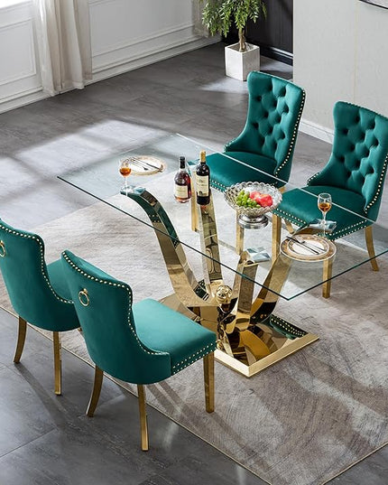 5-Piece Glass Dining Table Set w/4 Green Upholstered Dining Chairs, 70in Rectangular Large Kitchen Table Set for 4, Glass and Gold Dining Table and Chair Set for 4