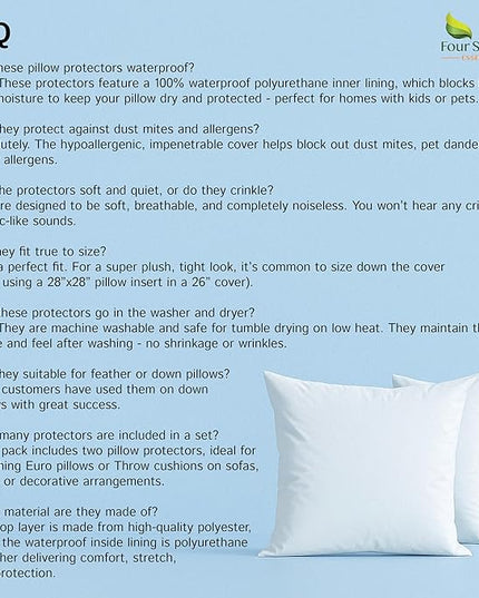 Euro Size Pillow Protectors (Set of 2) - European Square 16x16 Pillow Covers Waterproof Hypoallergenic Dust Proof Zippered Encasement