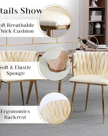 Modern Luxury Round Glass Dining Table Set, 5 PCS Minimalist Circle Dining Room Table Set for 4, 47'' Clear Circular Kitchen Table and Chairs Set of 4, Beige Woven Chair, for Home (Golden)