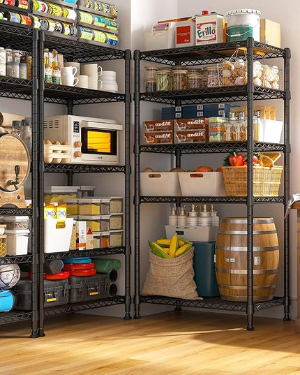 REIBII 1000LBS Wire Shelving Unit, 5 Tier Adjustable Metal Storage Shelves for Kitchen Pantry Office Steel Organizer Wire Rack for Narrow Space, 13.4" D x 23.2" W x 60" H, Black,2PCS
