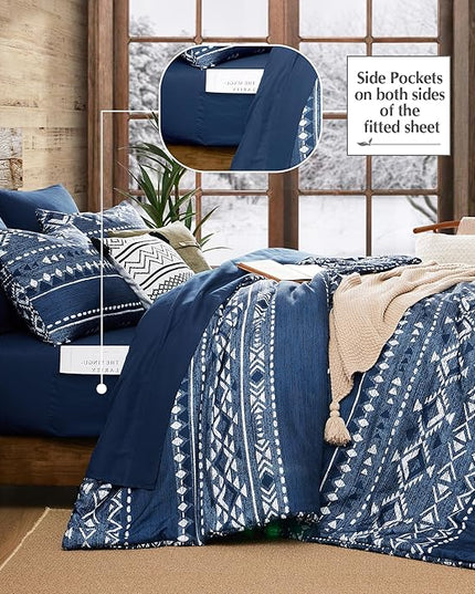 Geniospin King Size Comforter Set - 7 Pieces Comforters King Size, Warm Fluffy Boho Bedding Sets for All Seasons, Bed in a Bag with Flat Sheet and Fitted Sheet, Pillowcase & Sham (Blue, 102''x90'')