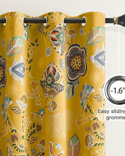 XiDi Vintage Floral Patterned Curtains Blackout 102 Inches Long 2 Panels for Bedroom Thermal Insulated Luxury Curtains with Botanical Leaf Printed Design Grommet Drapes Mustard Yellow 52x102
