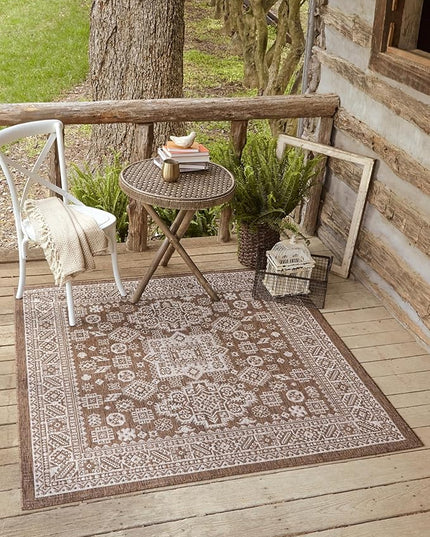 Rugs.com Outdoor Aztec Collection Rug – 13 Ft Square Brown Flatweave-Pile Rug Perfect for Living Rooms, Kitchens, Entryways