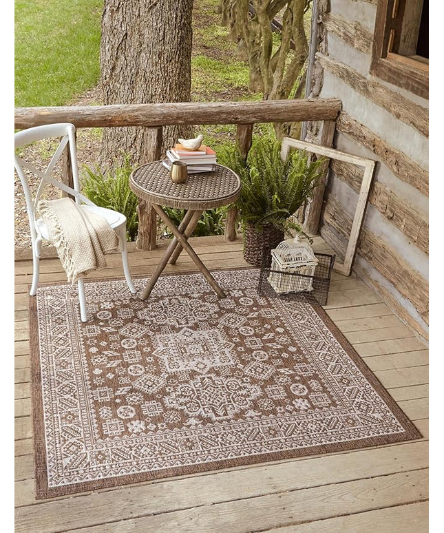 Rugs.com Outdoor Aztec Collection Rug – 13 Ft Square Brown Flatweave-Pile Rug Perfect for Living Rooms, Kitchens, Entryways