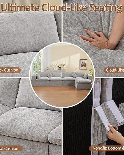 155''Cloud Boneless Sectional Couch, Modular Sectional Sofa Deep Seat with Ottoman, Oversized Upholstered Convertible Comfy 5 Seater Chenille Sofa L Shape Couches for Living Room, Light Grey