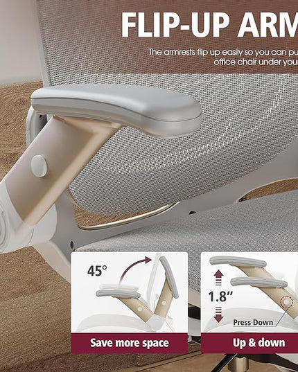GABRYLLY Ergonomic Office Chair, High Back Home Desk Chair with Headrest, Flip-Up Arms, 90-120° Tilt Lock and Wide Cushion, Big and Tall Mesh Chairs for Man Woman, White Task Chair