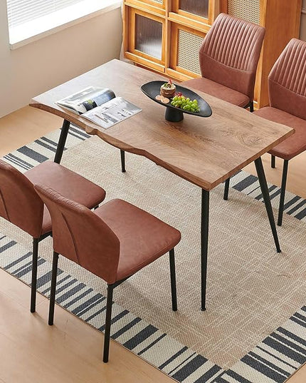 Dining Table Set for 4, Modern Wood Irregular Rectangle Dining Table,Leather Dining Chairs 4,Table and Chairs Set of 4 for Kitchen Dining Room, Brown