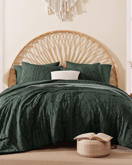 Queen Comforter Set Dark Green, Tufted Boho Bedding Farmhouse Bed Set, All Season 7 Pieces Bed in a Bag with Sheets, Pillowcases & Shams