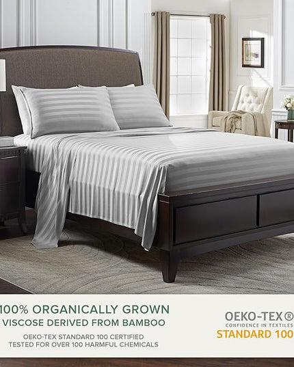 Pure Bamboo King Sheets, Genuine 100% Organic Viscose Derived from Bamboo Bed Sheet Set, Luxuriously Soft & Cooling, Double Stitching, 2 Year Quality Promise (King, Jacquard Silver)