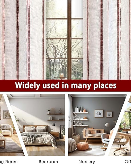 DriftAway Farmhouse Linen Blend Blackout Curtains 84 Inches Long for Bedroom Vertical Striped Printed Linen Curtains Thermal Insulated Lined Treatments for Living Room 2 Panels W52 x L84 Red
