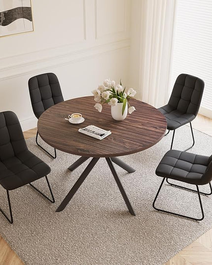 45.3 Inch Round Dining Table Set for 4, Mid Century Modern MDF Coffee Set for Dining Room Kitchen Apartment (Dark Walnut Table + 4 U-Shaped Black Chairs)