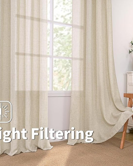 BGment Beige Linen Curtains 90 Inch Long for Living Room - Burlap Textured Light Filtering Window Treatments Grommet Sheer Drapes for Farmhouse, 2 Panels, 52 X 90 Inch