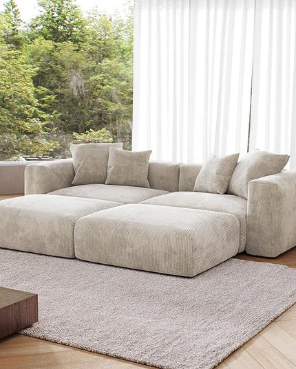 JACH Corduroy Sectional Couches for Living Room, Modular Sectional Couch with Chaise Ottomans, Cushion Covers Removable, Modern Sofa Bed for Living Room, Apartment, Office (Beige)