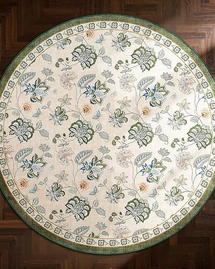 jinchan Elora 7ft Floral Round Rug for Washable Living Room Rug Vintage Romance Christmas Design Non Slip Indoor Floor Cover Lightweight Low-Profile Throw Carpet for Porch Patio, Green/Beige