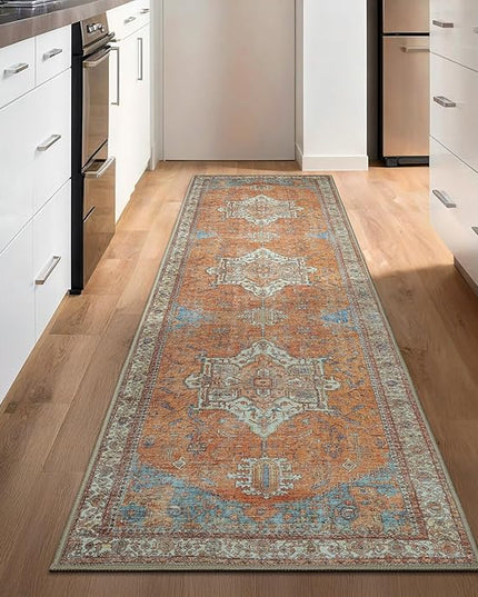 GLN Rugs Traditional Collection - Machine Washable Area Rug, Traditional Washable, Non Slip, Low Pile Chenille Rug, Living Room, Bedroom, Kitchen Rug (2'6"x10' Burnt Orange)