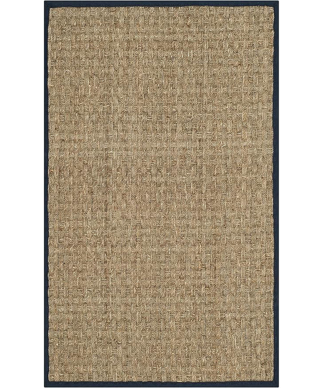 SAFAVIEH Natural Fiber Collection Area Rug - 2'6" x 4', Natural & Blue, Seagrass, Basketweave Pattern with Border (NF114E)